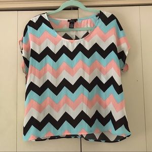 Rue21 Multicolored Pink Turquoise Black White Chevron Pattern Blouse Size Med